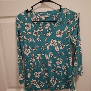 3/$15 CHICO'S Small Teal White Floral V-Neck‎ 3/4 Sleeve Pima Cotton Blouse
